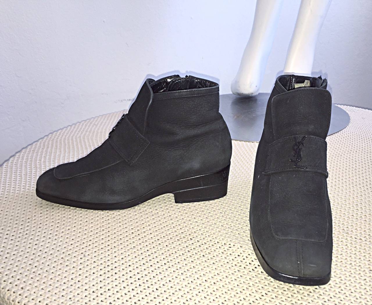 Women's 1960s Vintage Yves Saint Laurent Black Logo Mod Booties Boots Shoes Rare 5.5