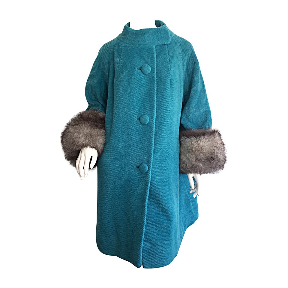 Extraordinary 1960s Lilli Ann by Tisse a Paris Blue Swing Jacket Coat w/ Fox Fur