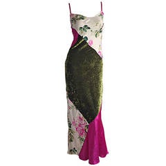Vintage Beautiful 1990s Roberto Cavalli Floral Patchwork Pink + Green Silk Slip Dress