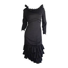 Retro 1960s 60s Adele Simpson Black Silk Drop Waist Tiered Ruffle Long Sleeve Dress