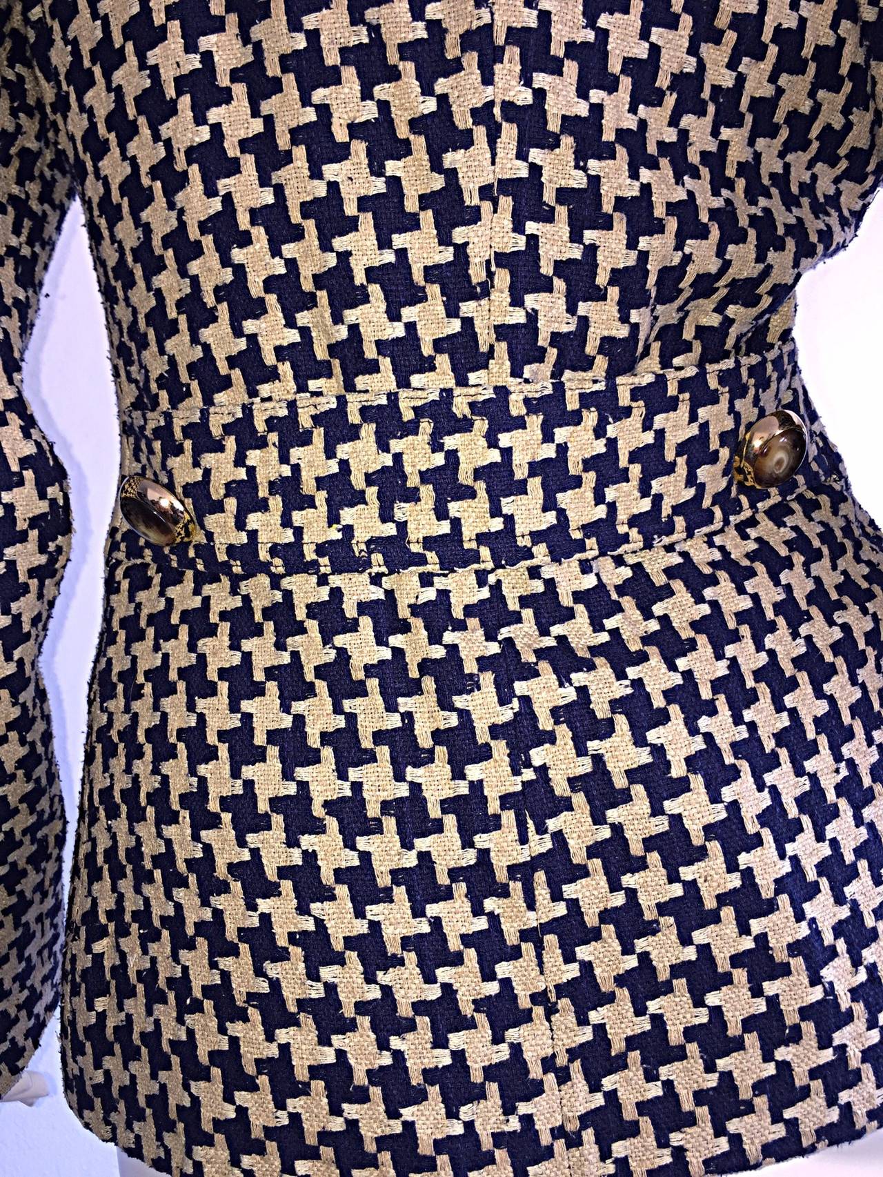 Vintage Christian Dior Navy + Ivory Houndstooth Nautical Blazer Jacket In Excellent Condition In San Diego, CA