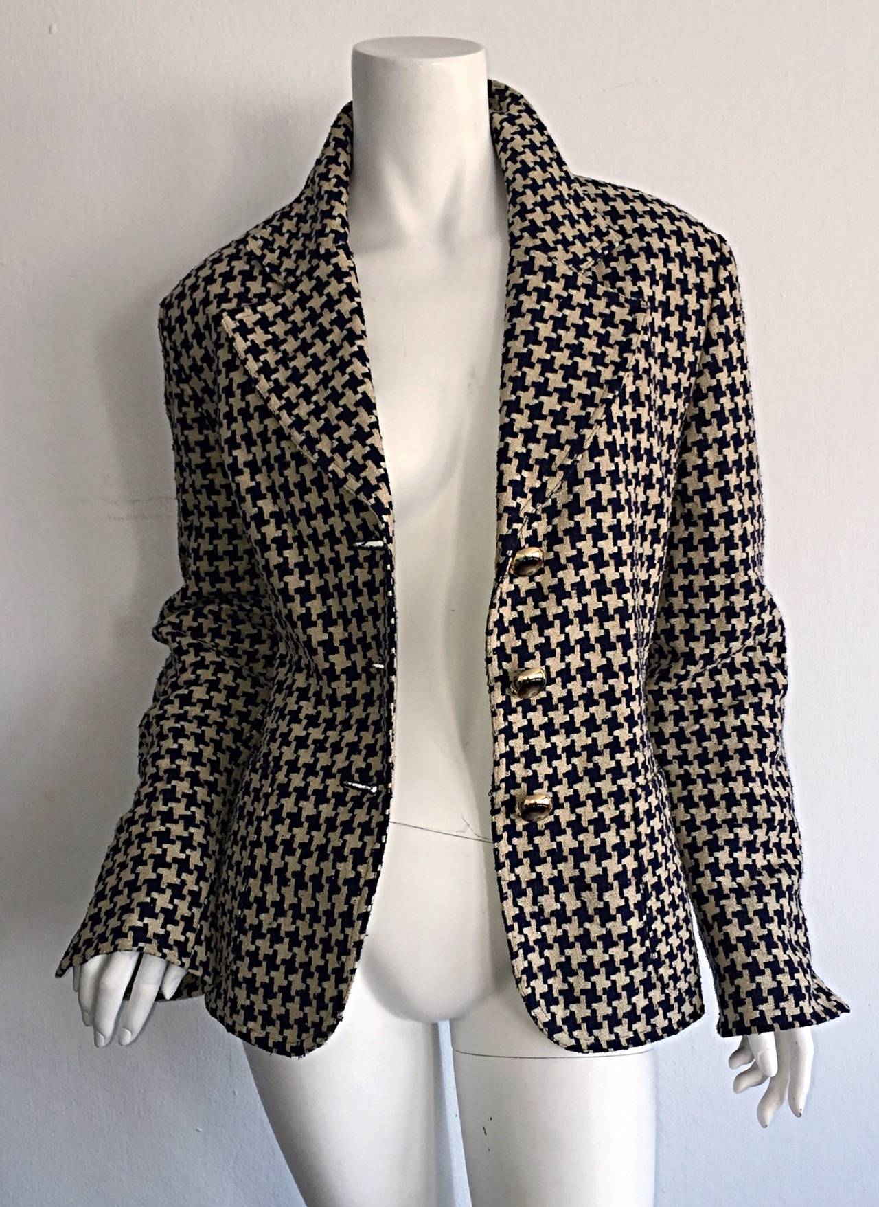 Women's Vintage Christian Dior Navy + Ivory Houndstooth Nautical Blazer Jacket