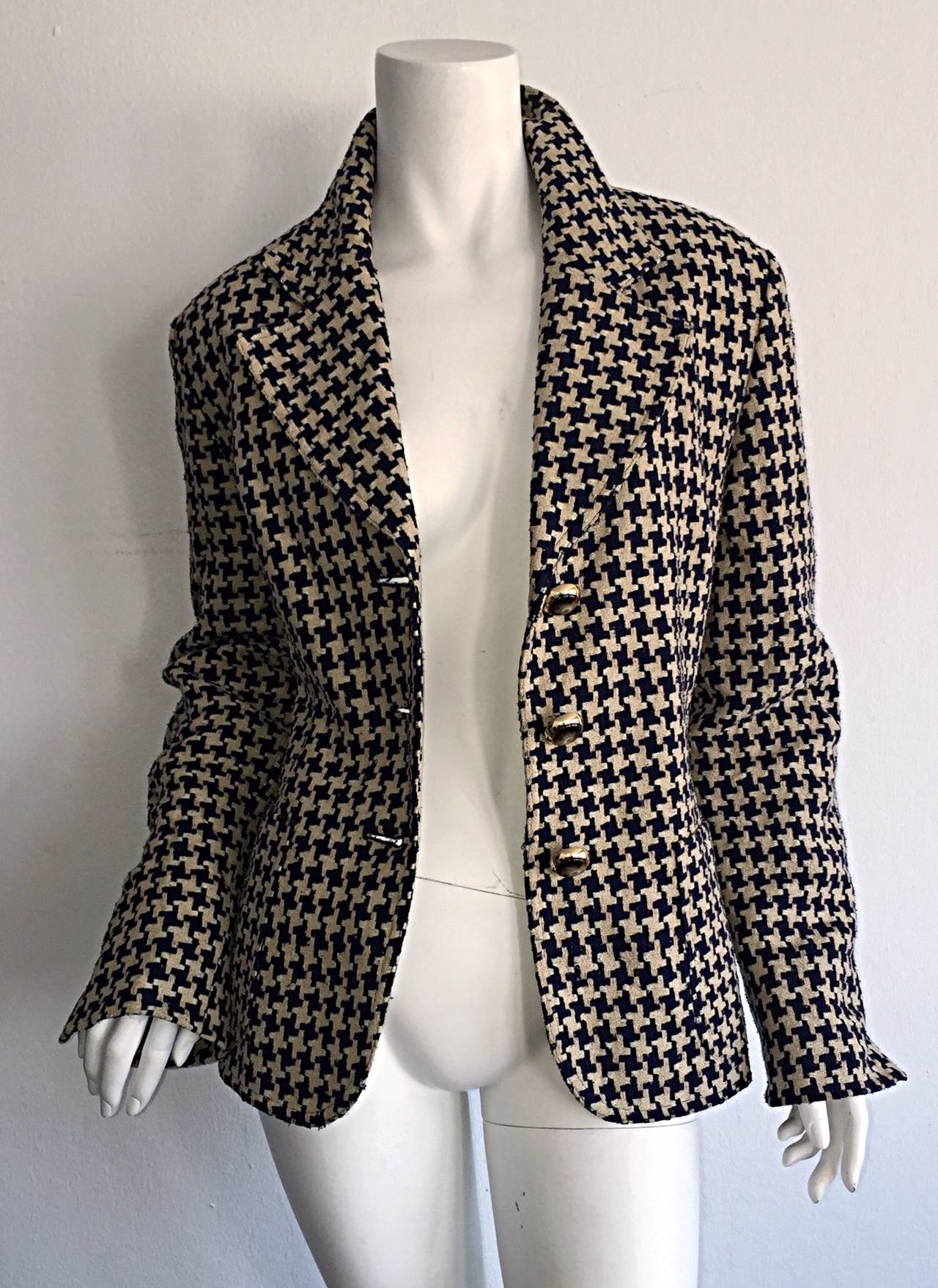 Vintage Christian Dior Navy + Ivory Houndstooth Nautical Blazer Jacket ...