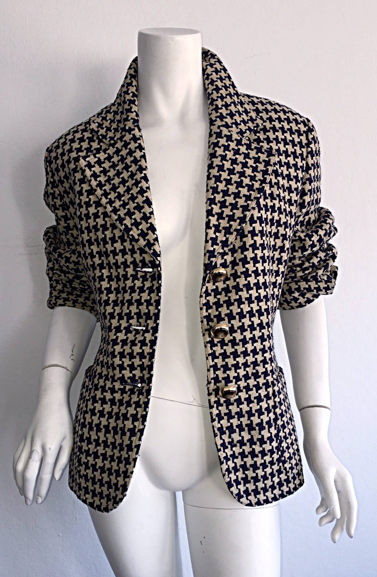 Vintage Christian Dior Navy + Ivory Houndstooth Nautical Blazer Jacket 1