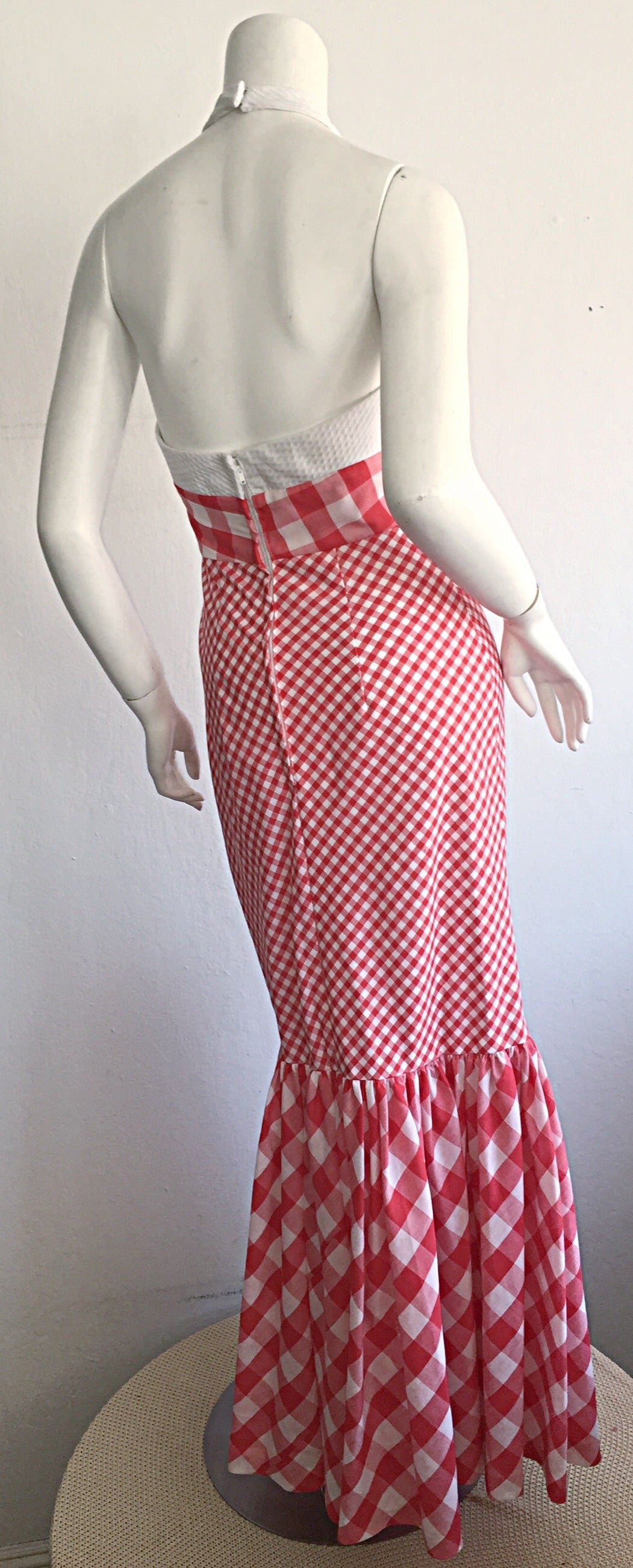 Vintage 1970s Red + White ' Picnic Table ' Plaid Cotton Halter Maxi Dress In Excellent Condition In San Diego, CA