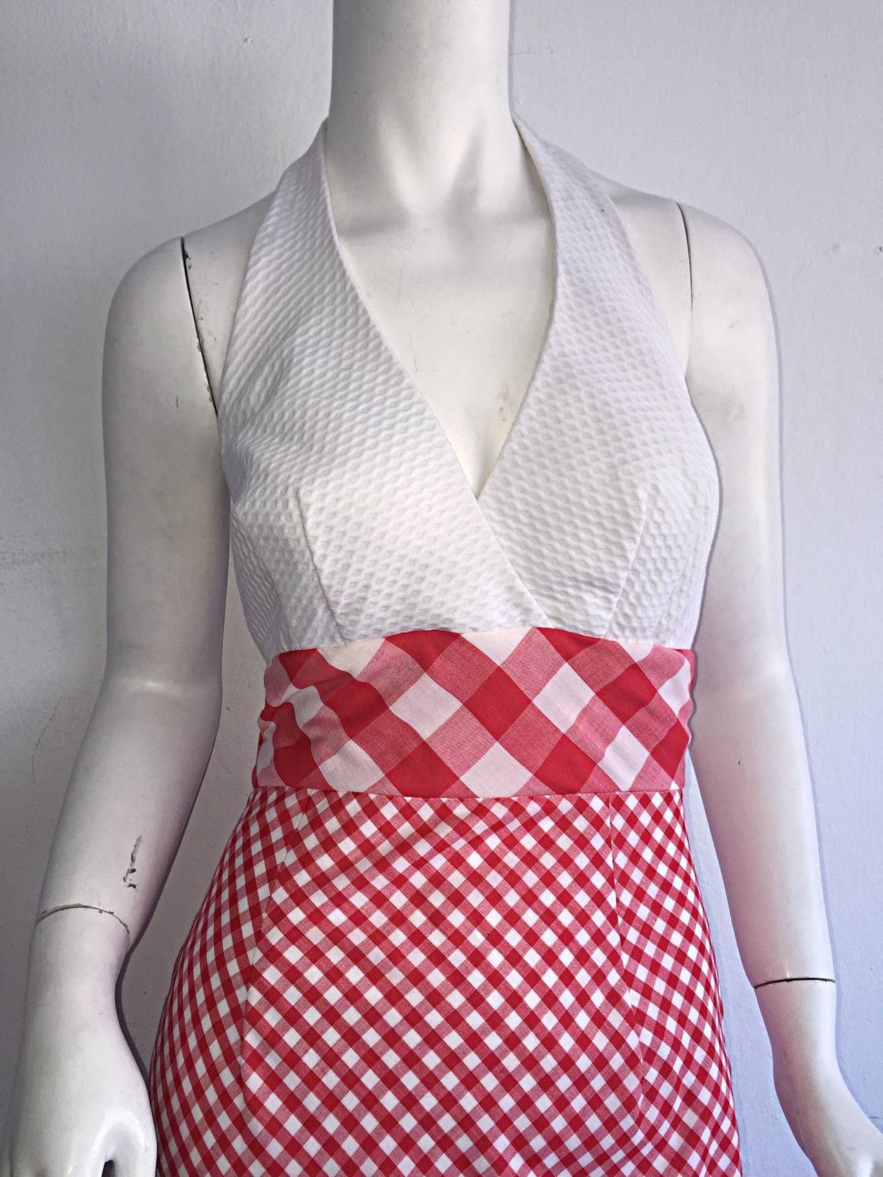 Women's Vintage 1970s Red + White ' Picnic Table ' Plaid Cotton Halter Maxi Dress