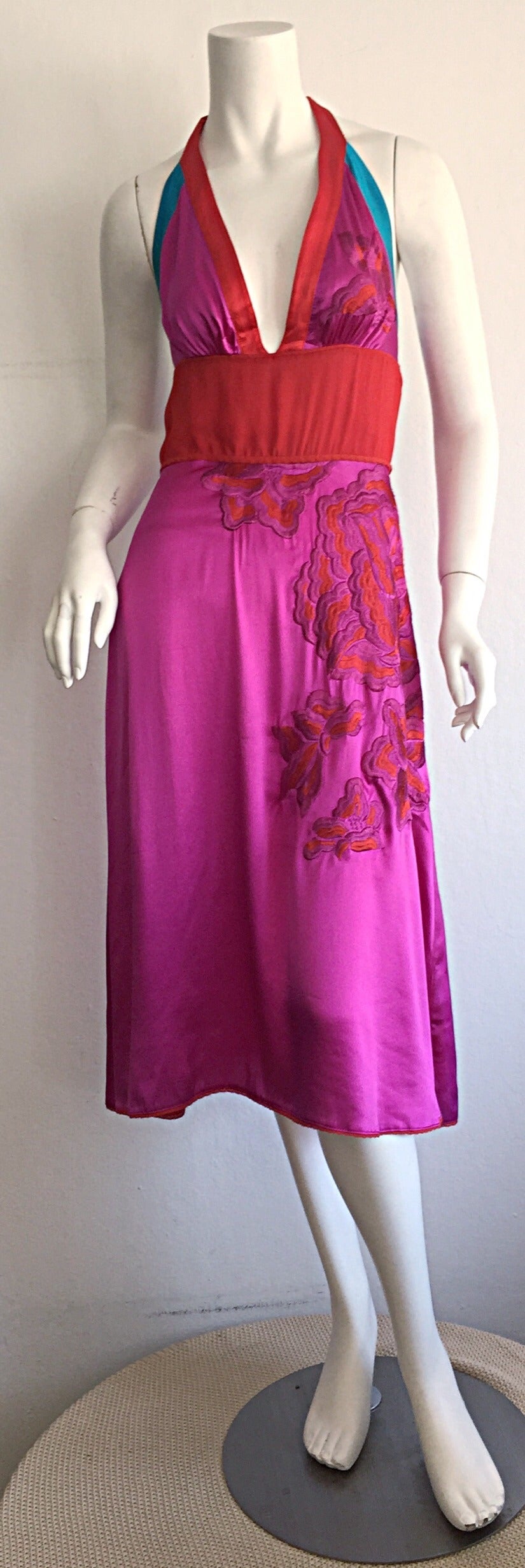 Sexy Gianfranco Ferre Pink + Red + Blue Embroidered Silk Halter Dress In Excellent Condition In San Diego, CA