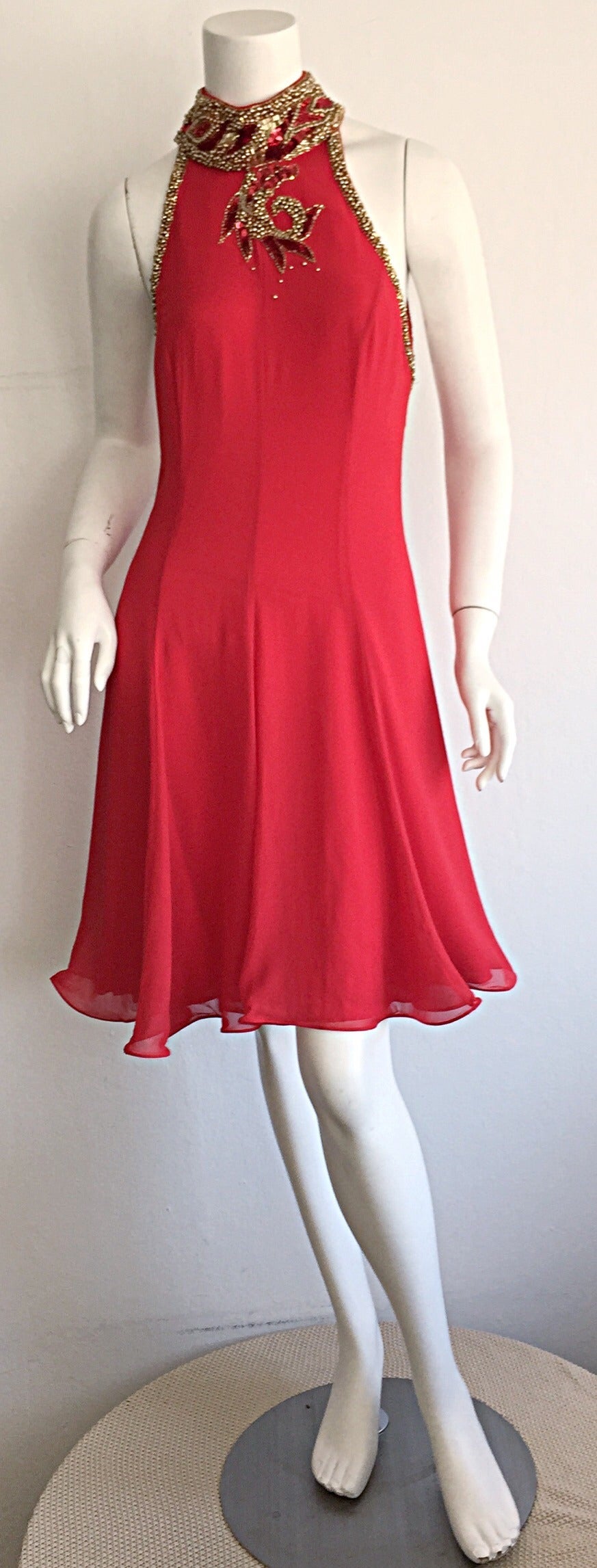 Women's Beautiful Vintage Bob Mackie Attr. Red Silk Chiffon Dress w/ Amazing Back