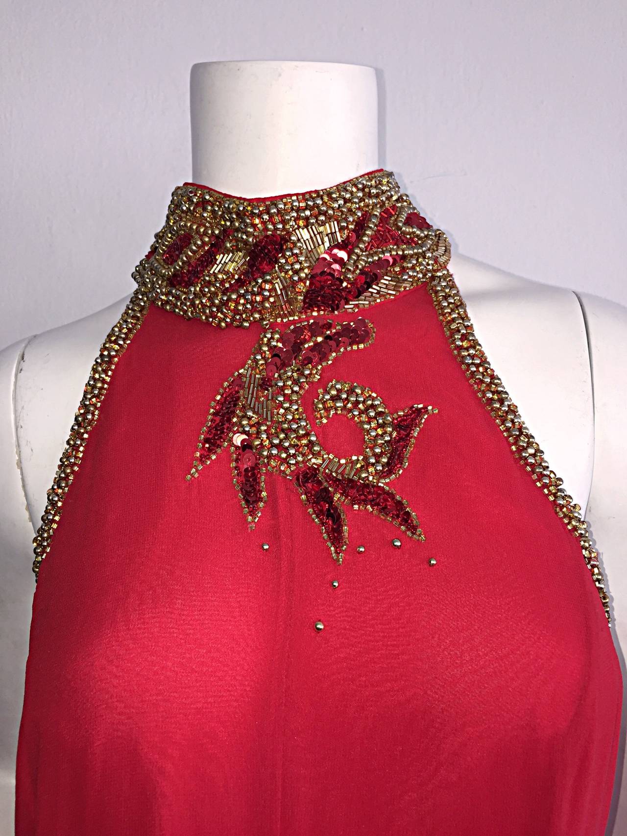 Beautiful Vintage Bob Mackie Attr. Red Silk Chiffon Dress w/ Amazing Back 1