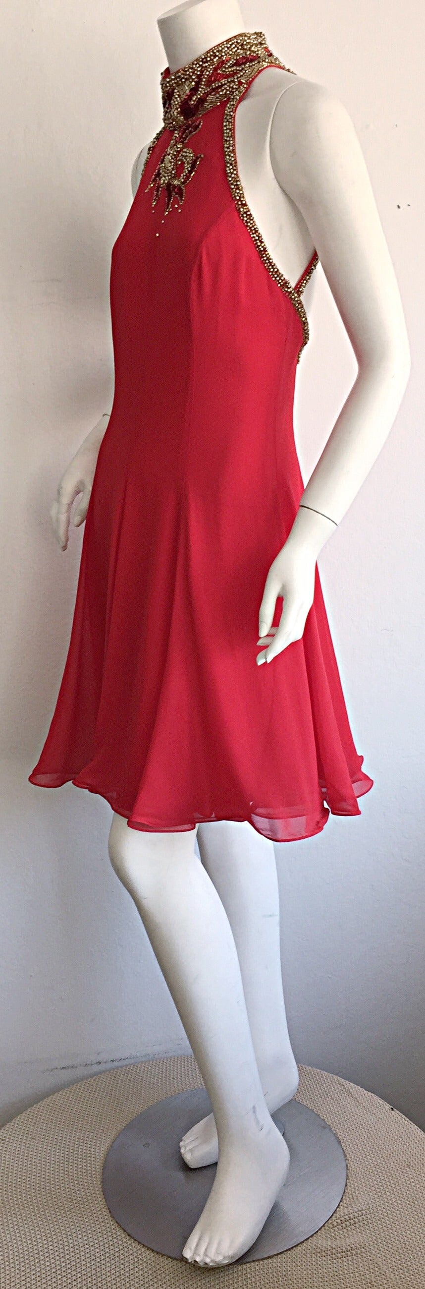 Beautiful Vintage Bob Mackie Attr. Red Silk Chiffon Dress w/ Amazing Back 3
