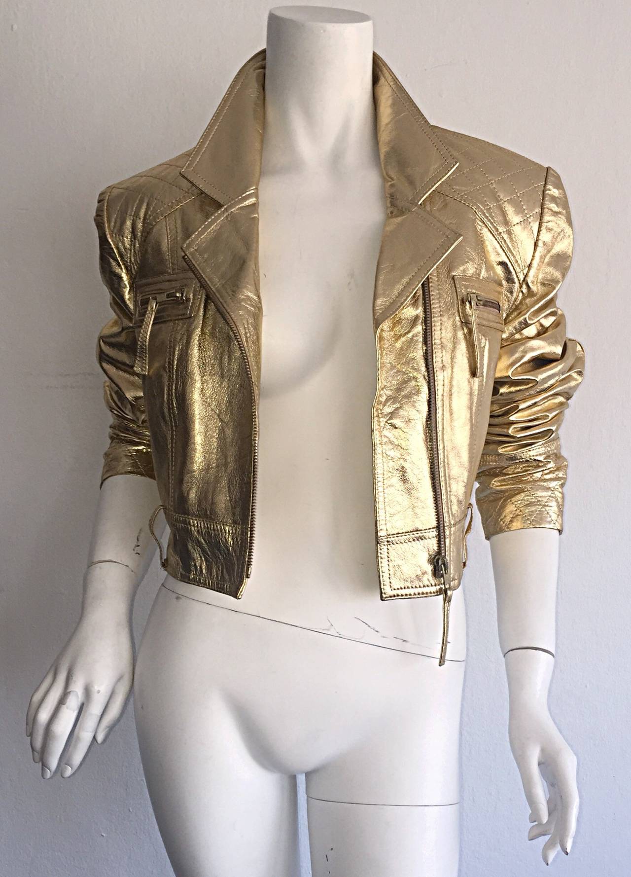 Amazing Victor Dzenk Runway Gold Leather Motorcycle Bomber Jacket In Excellent Condition In San Diego, CA