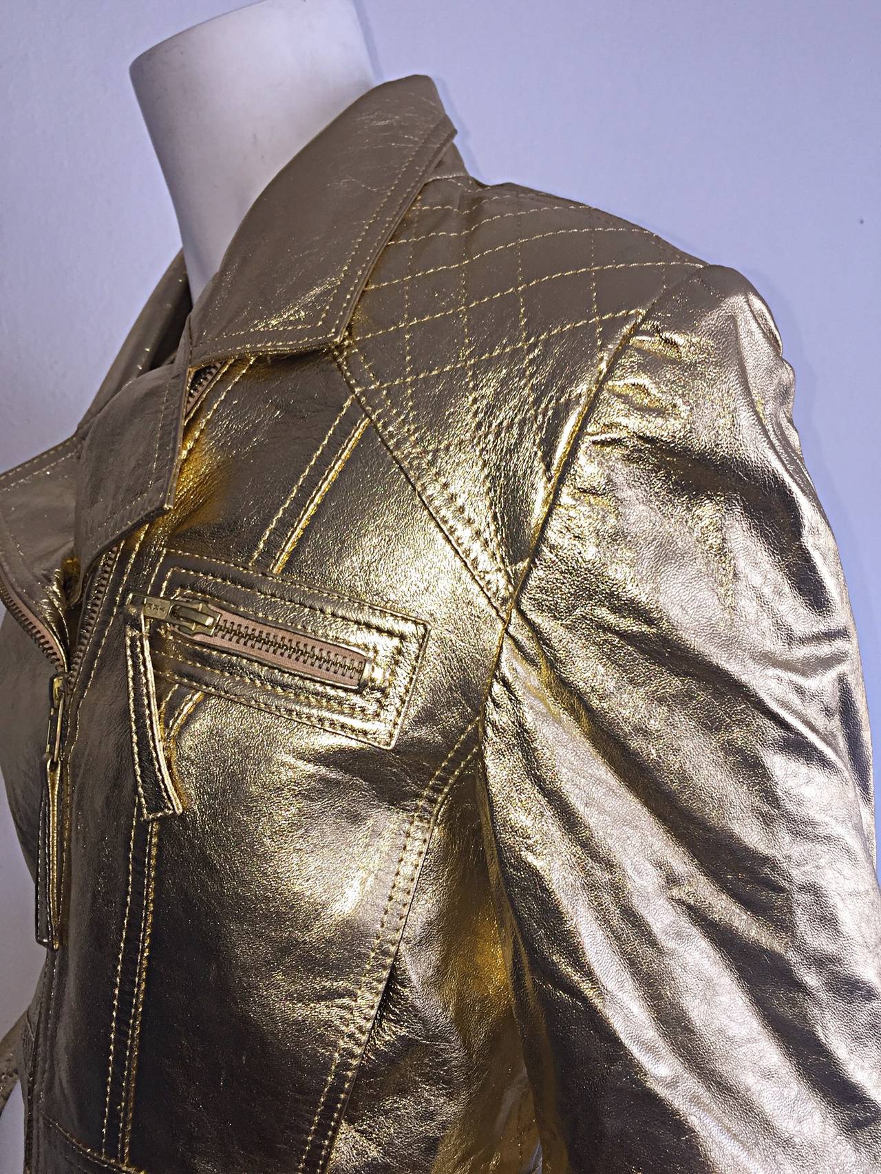 Women's Amazing Victor Dzenk Runway Gold Leather Motorcycle Bomber Jacket
