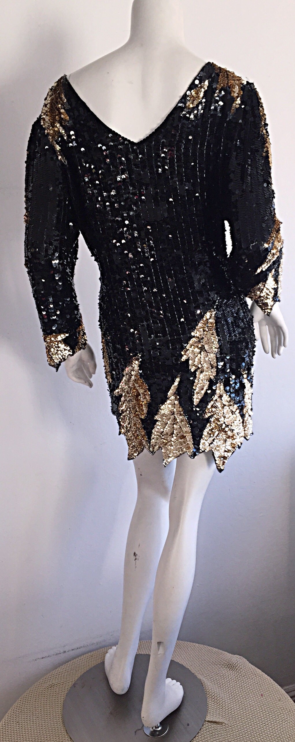 Stunning Vintage Oleg Cassini All Over Black + Gold Sequin Silk Dress In Excellent Condition In San Diego, CA