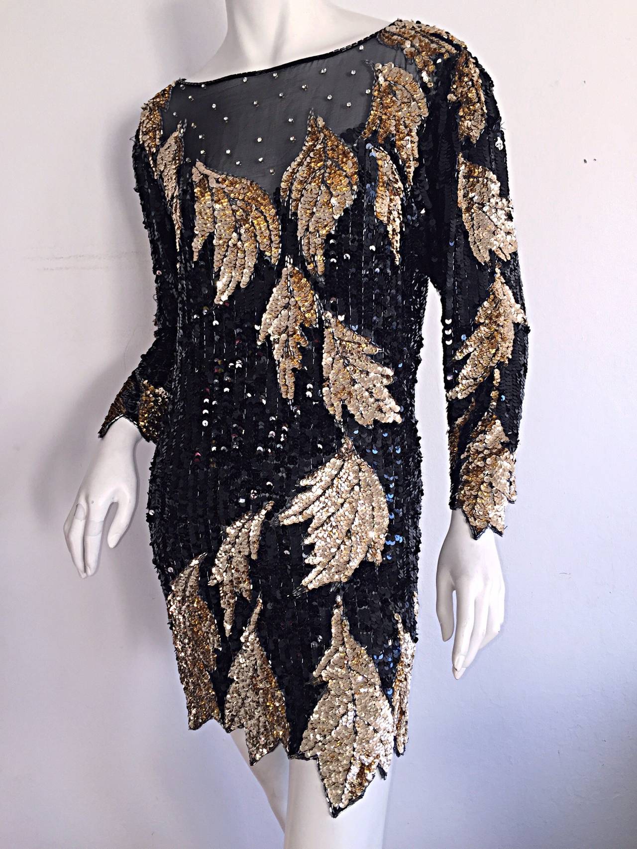 Stunning Vintage Oleg Cassini All Over Black + Gold Sequin Silk Dress 1