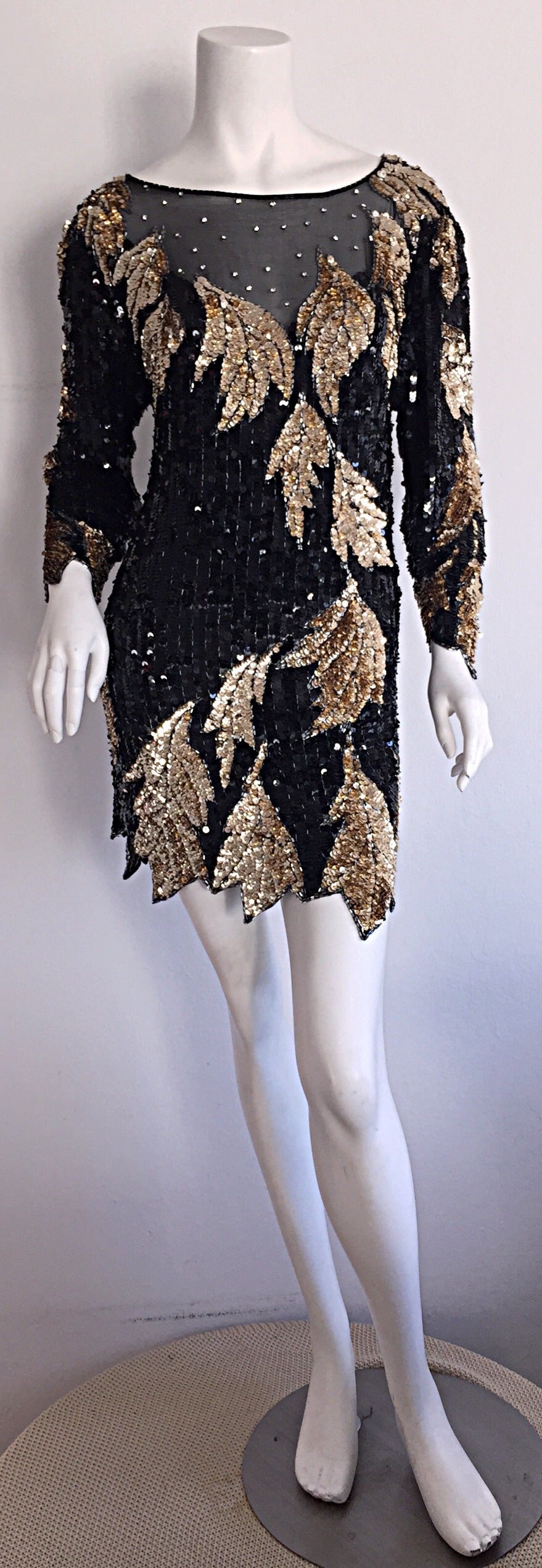 Stunning Vintage Oleg Cassini All Over Black + Gold Sequin Silk Dress 2