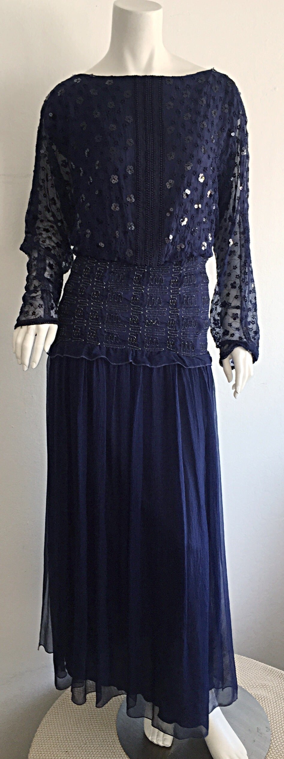 Women's Vintage Marian Clayden for Bergdorf Goodman Navy Eyelet Sequin Silk Boho Dress