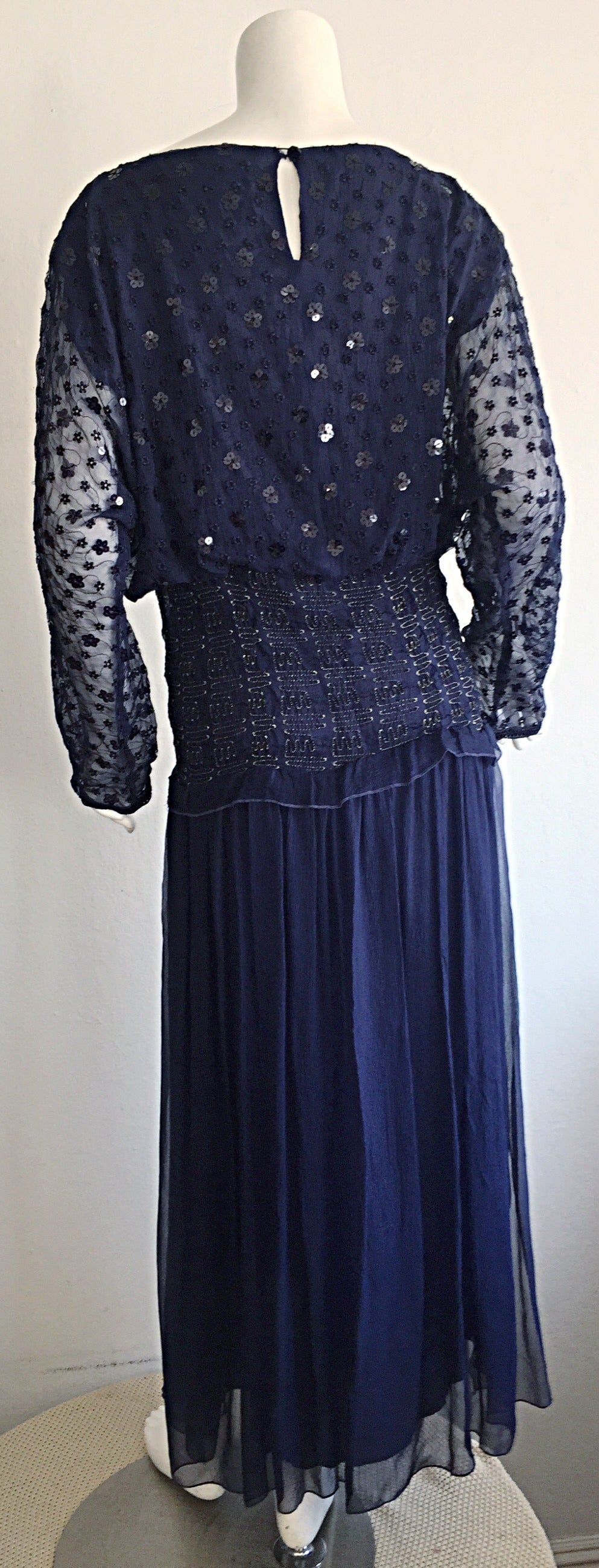 Vintage Marian Clayden for Bergdorf Goodman Navy Eyelet Sequin Silk Boho Dress 1