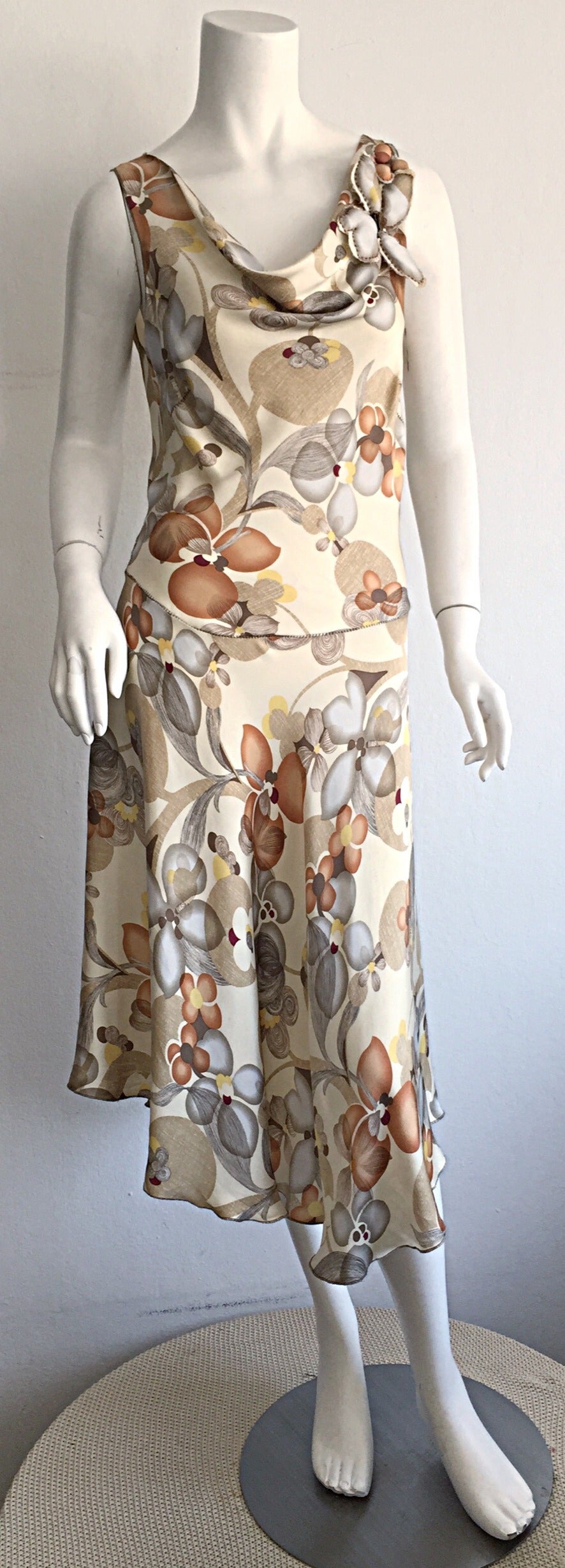 Brown Pretty Rozae Nichols Floral 3 - D ' Autumn Harvest ' Silk Dress w/ Appliqué