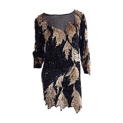 Stunning Retro Oleg Cassini All Over Black + Gold Sequin Silk Dress