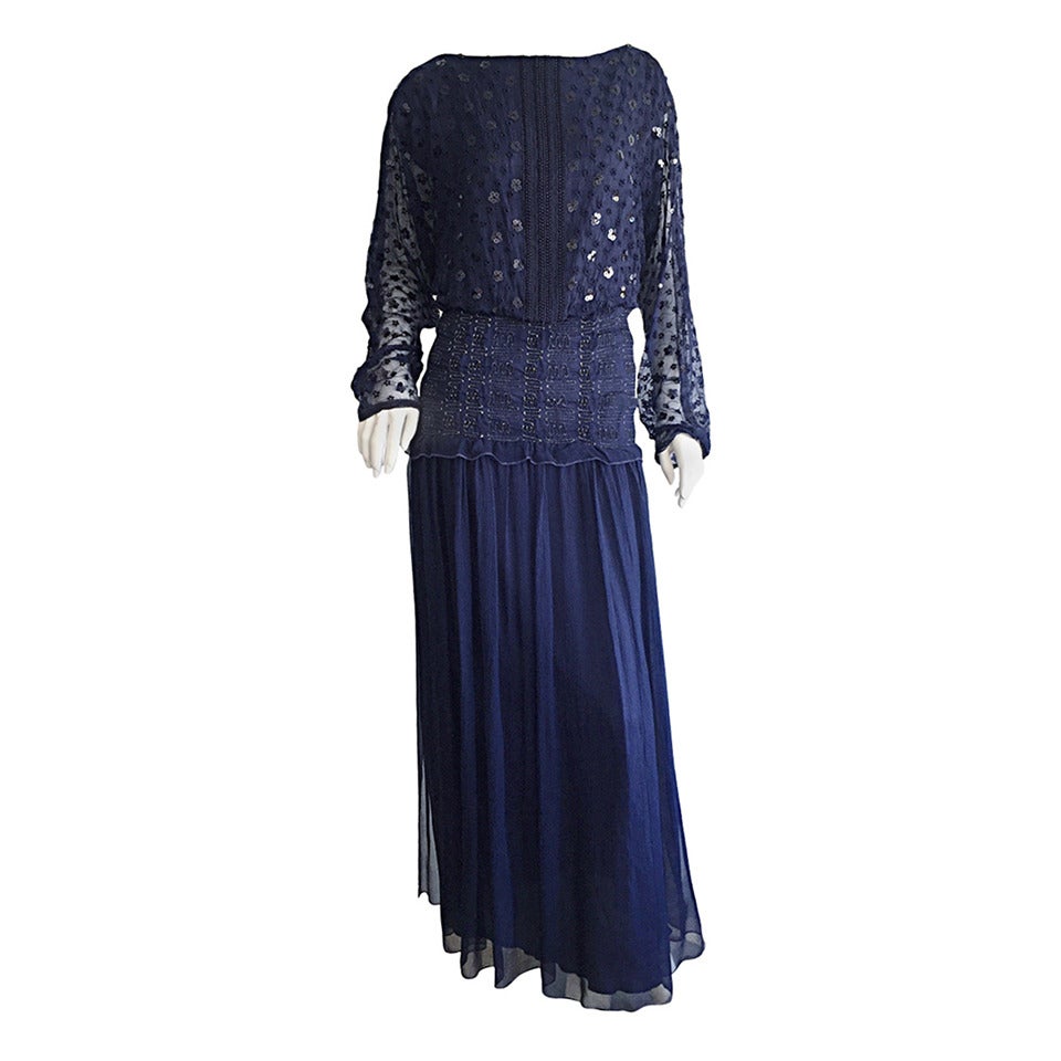 Vintage Marian Clayden for Bergdorf Goodman Navy Eyelet Sequin Silk Boho Dress