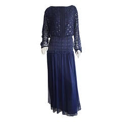 Vintage Marian Clayden for Bergdorf Goodman Navy Eyelet Sequin Silk Boho Dress
