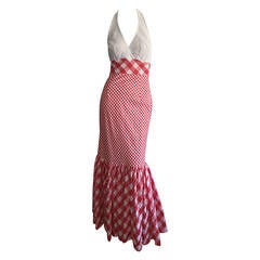 Retro 1970s Red + White ' Picnic Table ' Plaid Cotton Halter Maxi Dress