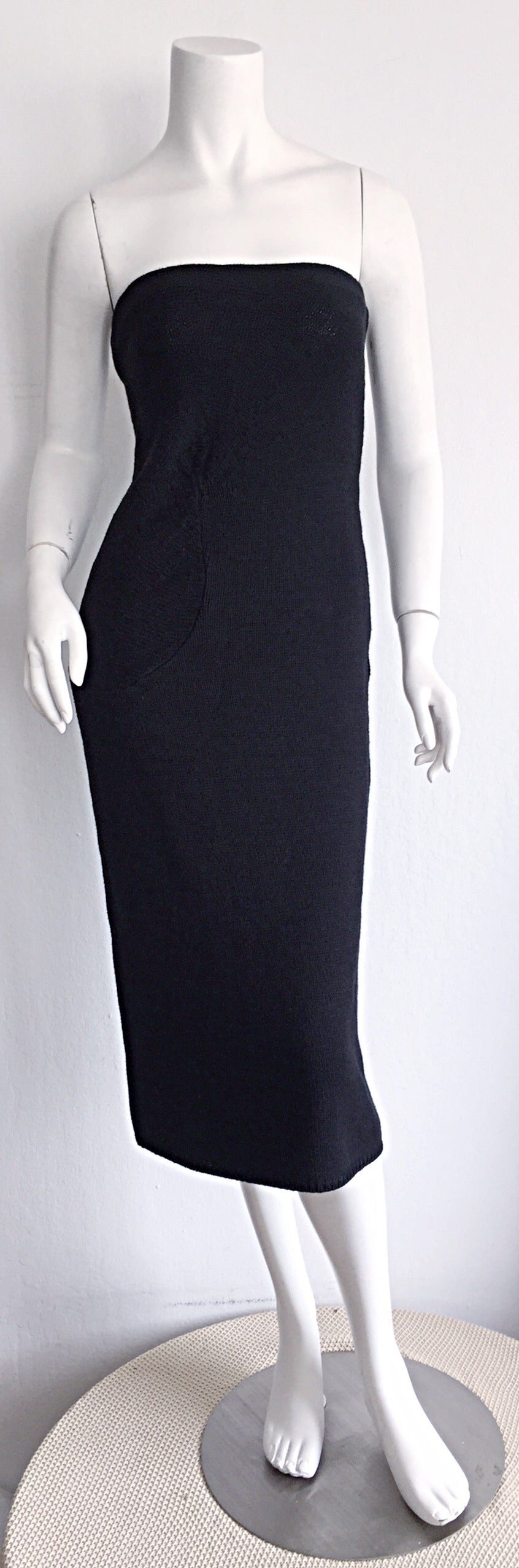 The ultimate Little Black Dress!!! Vintage Calvin Klein Collection black knit strapless dress. So much detail on this little beauty! Flattering ruched detail at waist that is ultra slimming. Very comfortable fit, with a chic, elegant look. Extremely