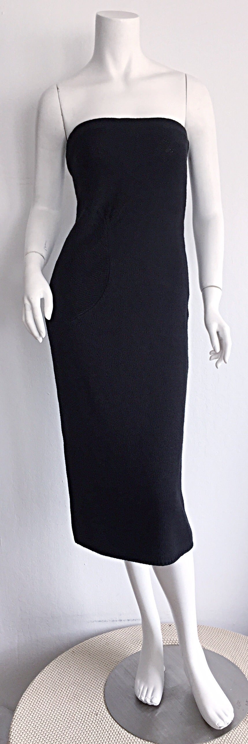 Ultimate Vintage Calvin Klein Collection 1990s Black Knit Strapless Dress LBD For Sale 2