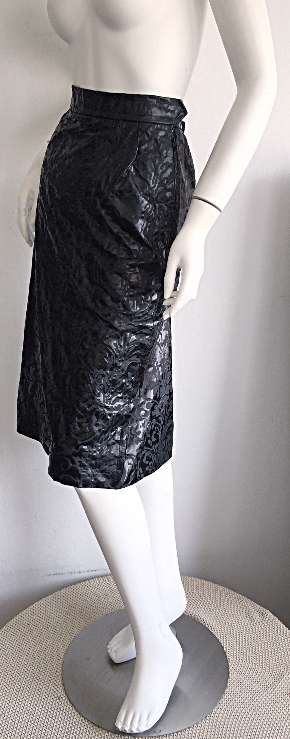 Women's Stunning Vintage Yves Saint Laurent Silk Laser Cut High Waist Black Skirt Sz 44 For Sale