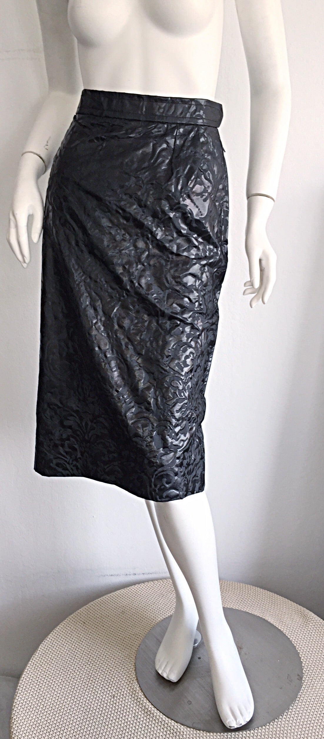 Stunning Vintage Yves Saint Laurent Silk Laser Cut High Waist Black Skirt Sz 44 For Sale 2