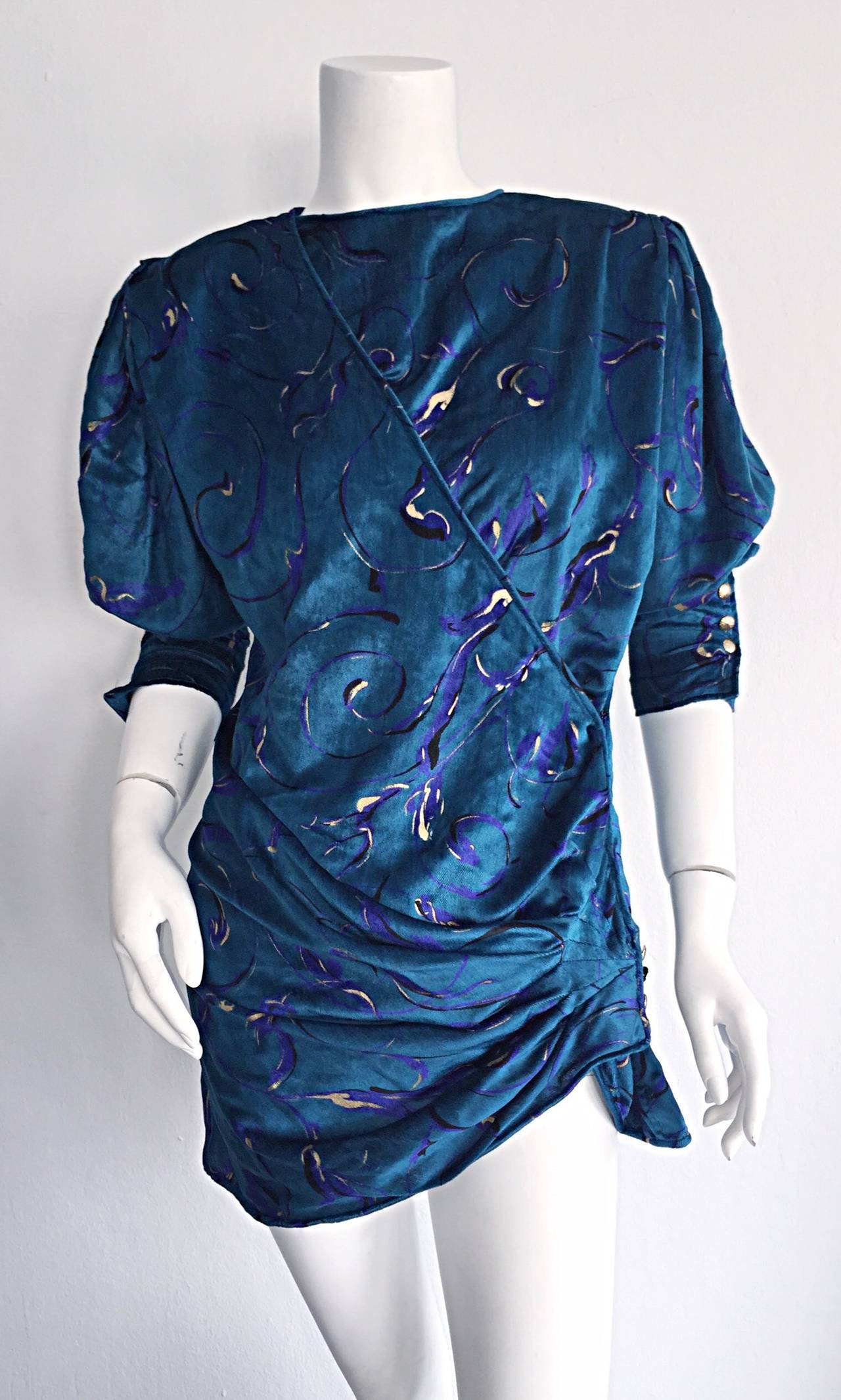 Women's Vintage Emanuel Ungaro Beautiful Vibrant Blue Hand Painted Silk Wrap Blouse