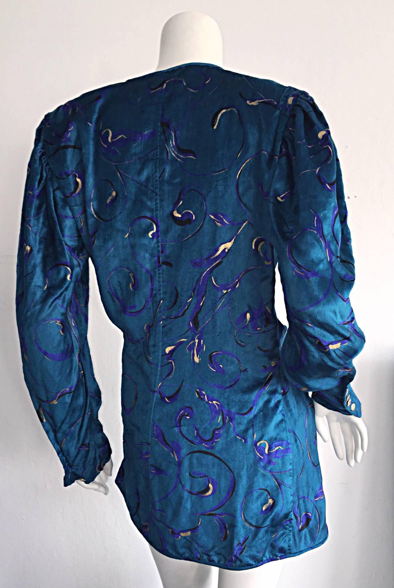 Vintage Emanuel Ungaro Beautiful Vibrant Blue Hand Painted Silk Wrap Blouse 1