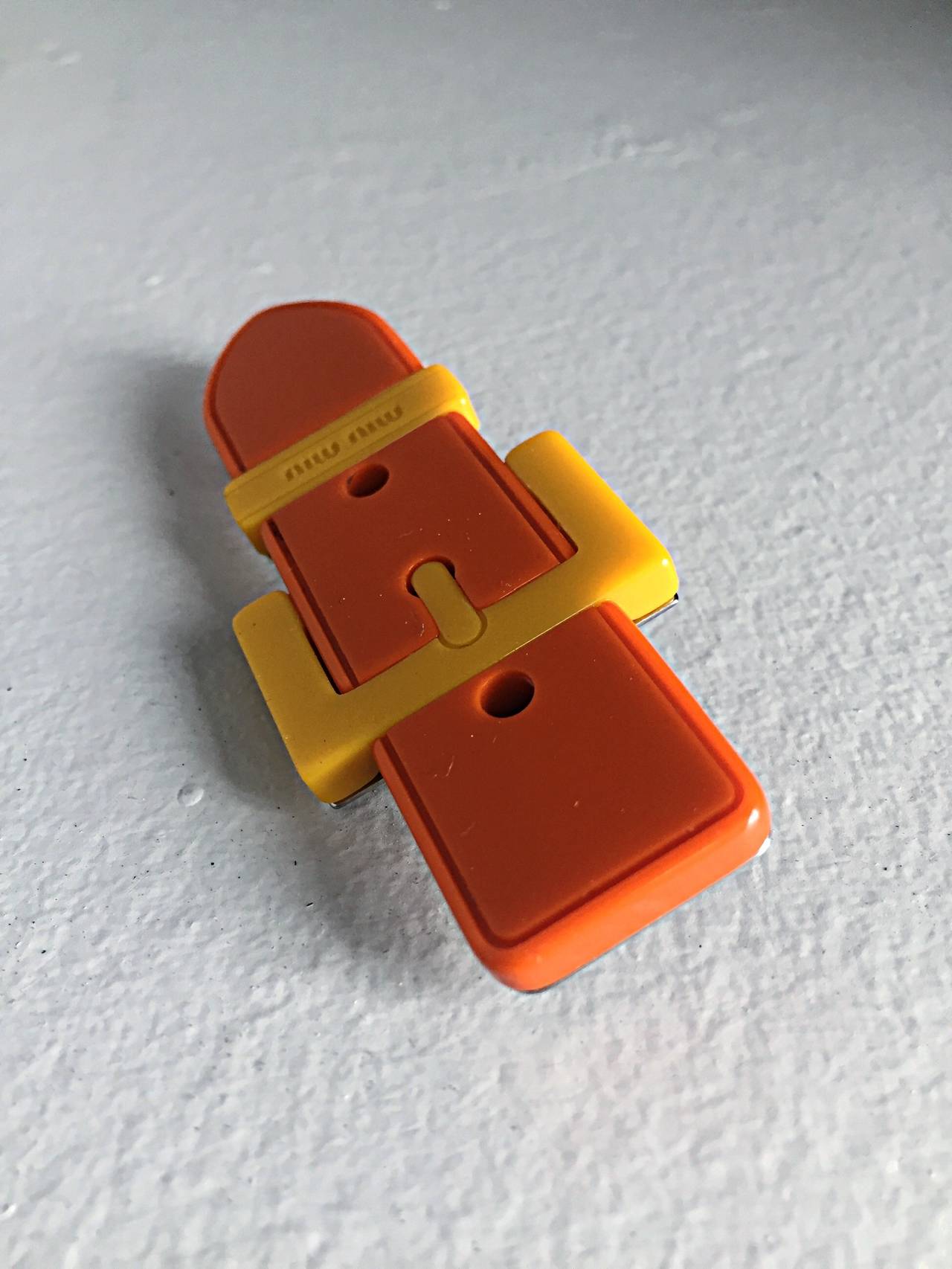 Miu Miu Orange + Yellow Avant Garde Unisex Buckle Pin / Brooch In Excellent Condition In San Diego, CA