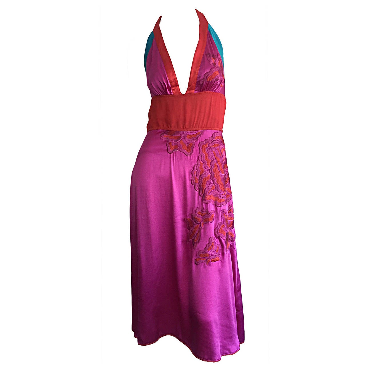 Sexy Gianfranco Ferre Pink + Red + Blue Embroidered Silk Halter Dress