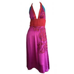 Sexy Gianfranco Ferre Pink + Red + Blue Embroidered Silk Halter Dress 5