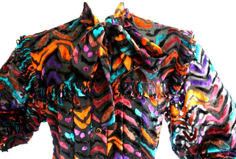 Vintage Nina Ricci Haute Couture numbered poet's style blouse. Absolutely gorgeous Multi color abstract print. Rayon, polyester, Lurtex velvet.