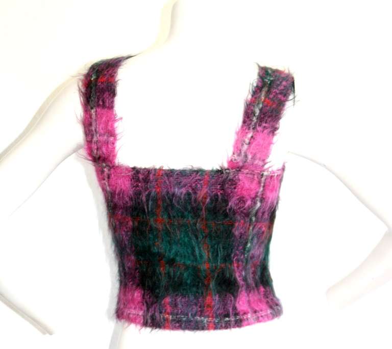 Vintage Ralph Lauren 'Purple Label' fuchsia, hunter green, and red mohair top. Gorgeous blouse that is also great layered! Marked Size Small.