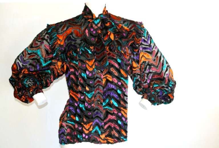 Vintage 1990s Nina Ricci Haute Couture Silk Multi-Color Poet's Blouse In Excellent Condition In San Diego, CA