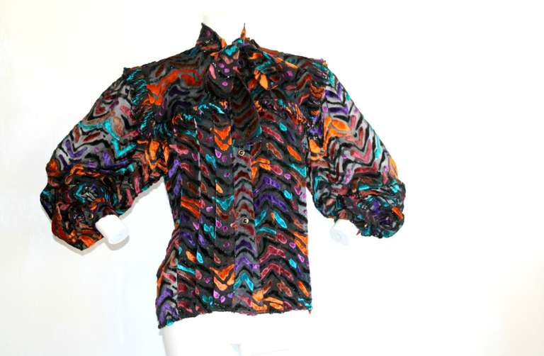 Women's Vintage 1990s Nina Ricci Haute Couture Silk Multi-Color Poet's Blouse
