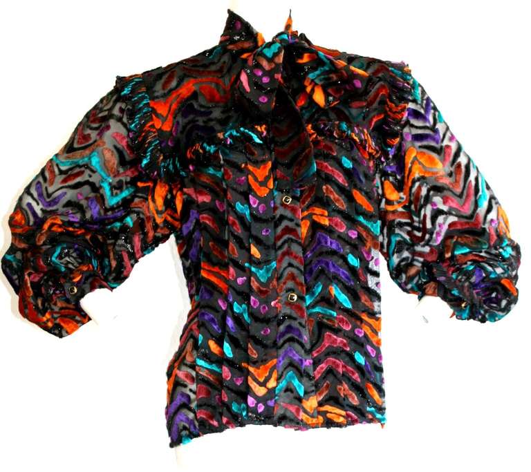 Vintage 1990s Nina Ricci Haute Couture Silk Multi-Color Poet's Blouse 1