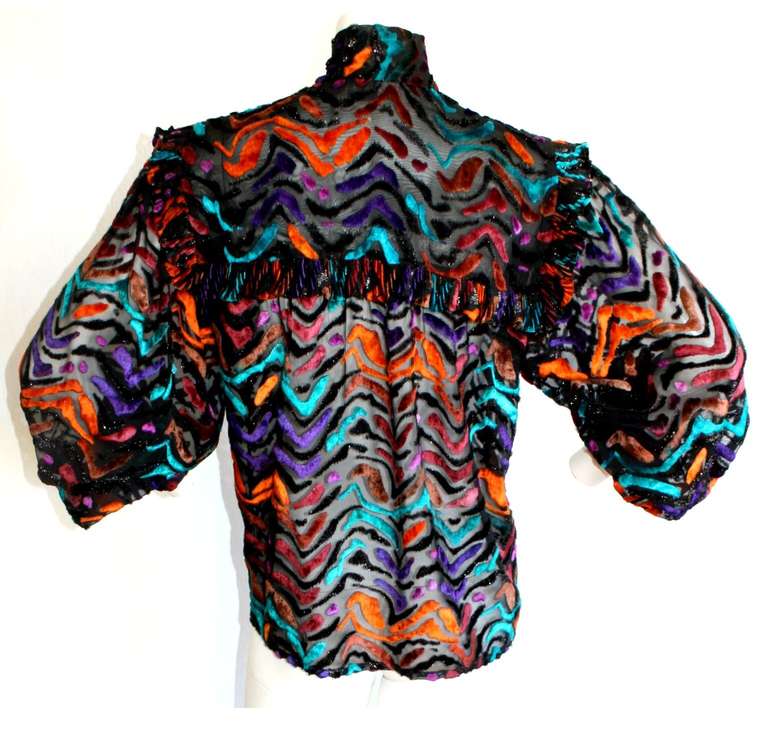 Vintage 1990s Nina Ricci Haute Couture Silk Multi-Color Poet's Blouse 2