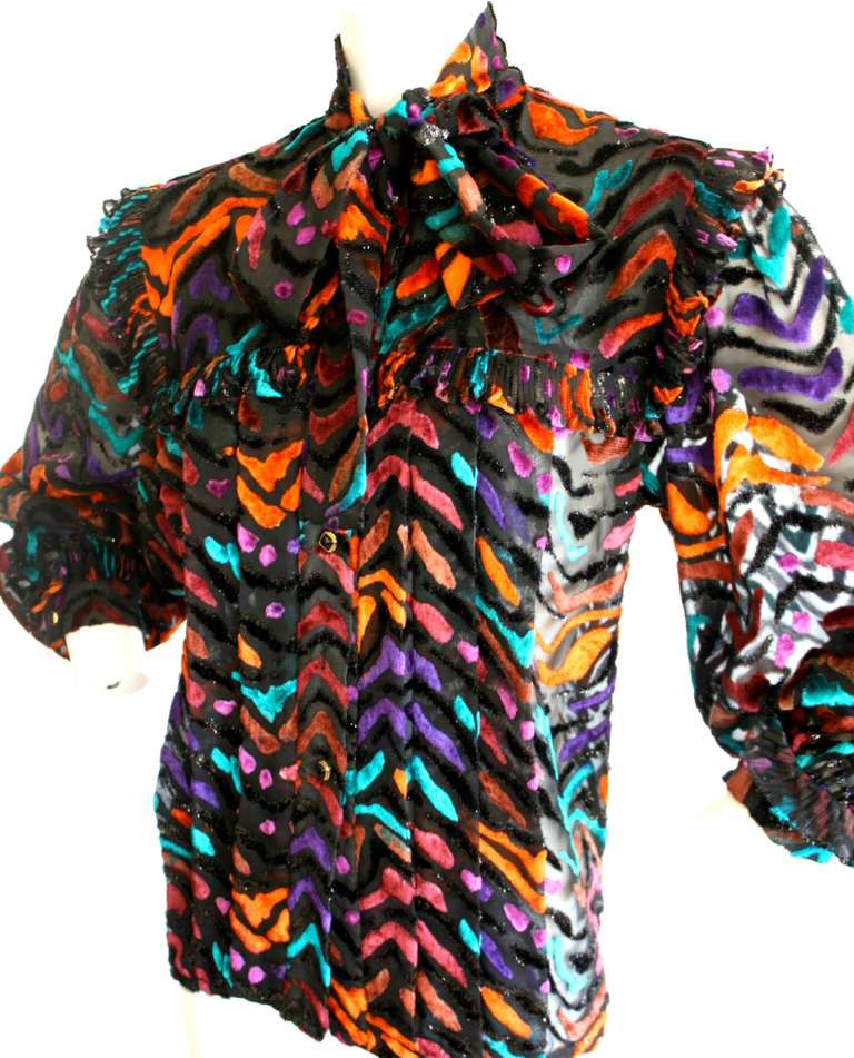 Vintage 1990s Nina Ricci Haute Couture Silk Multi-Color Poet's Blouse 3