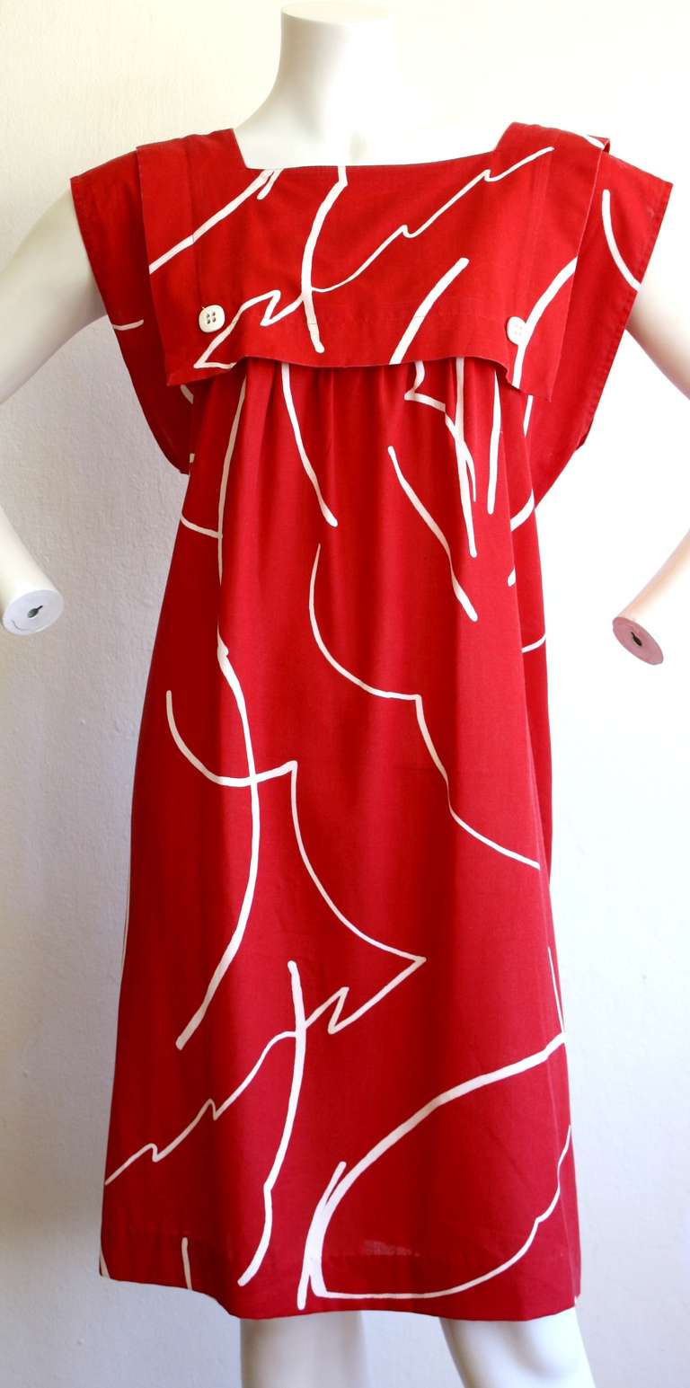 Women's Bill Tice Hand Painted Vintage Red Cotton Graffiti Abstract Empire Dress For Sale