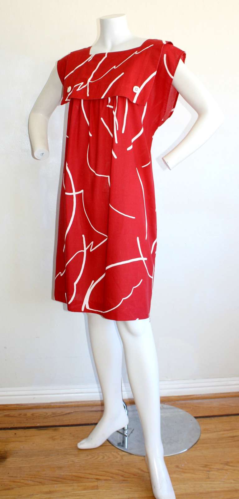 Bill Tice Hand Painted Vintage Red Cotton Graffiti Abstract Empire Dress For Sale 1