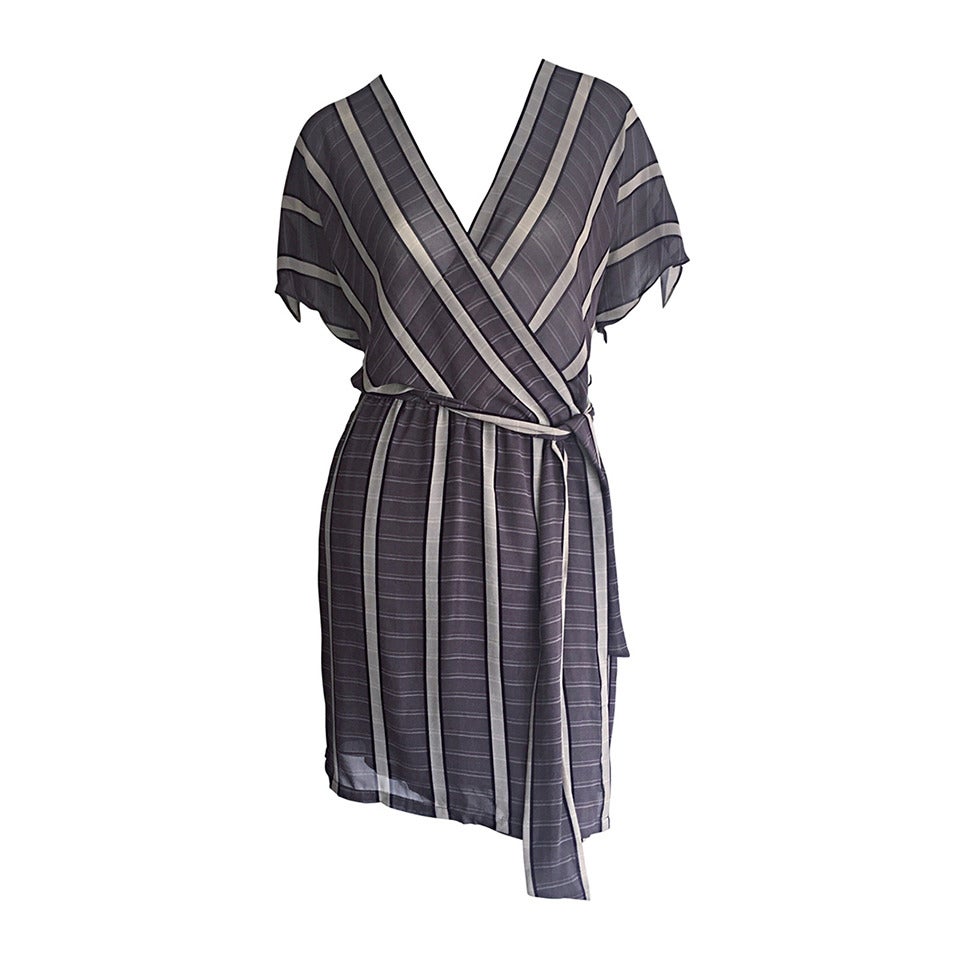 Wonderful Vintage Calvin Klein Collection Bamboo Stripe Silk Kimono Wrap Dress