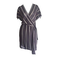 Wonderful Retro Calvin Klein Collection Bamboo Stripe Silk Kimono Wrap Dress