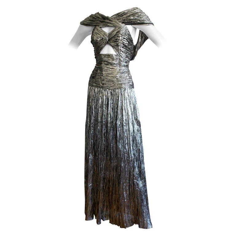 Vintage Ted Lapidus Haute Couture Silver Metallic Sexy Cut Out Gown