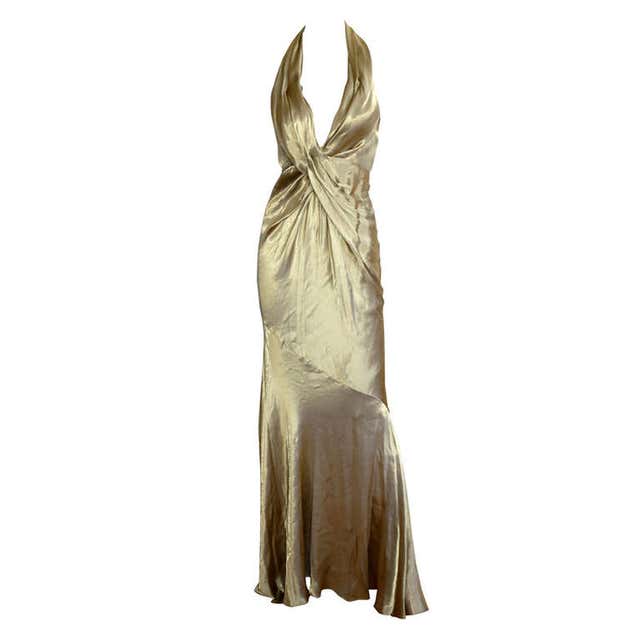 Donna Karan Vintage Sexy Halter Liquid Gold Gown at 1stDibs