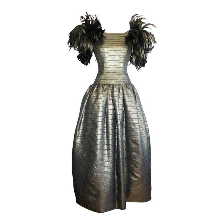 Victor Costa Vintage Gold Gown w/ Feathers Avant Garde