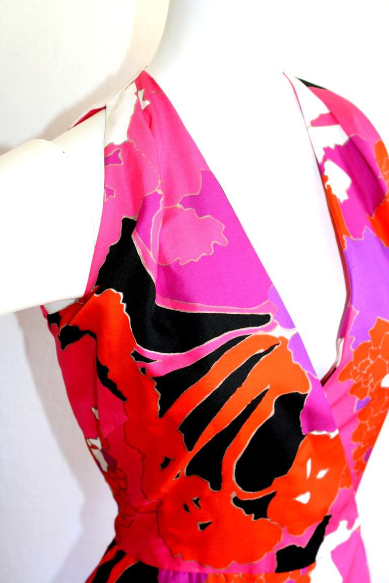 Adele Simpson 1970s Vintage Colorful Oriental Abstract Print Wrap Maxi Dress 1